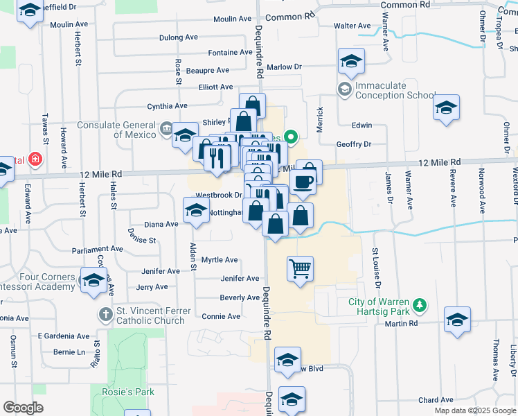 map of restaurants, bars, coffee shops, grocery stores, and more near 1685 Westbrook Drive in Madison Heights