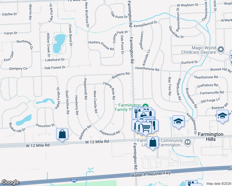 map of restaurants, bars, coffee shops, grocery stores, and more near 28300 Thorny Brae Road in Farmington Hills
