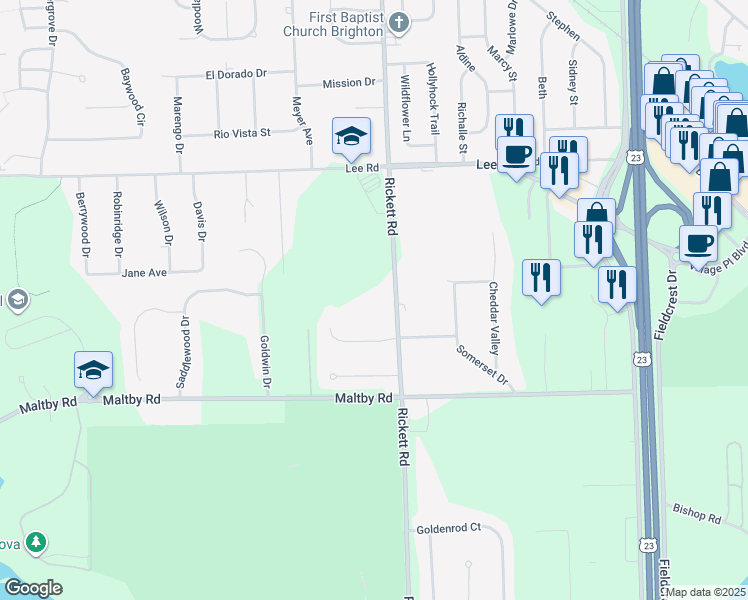 map of restaurants, bars, coffee shops, grocery stores, and more near 6758 Rickett Road in Brighton