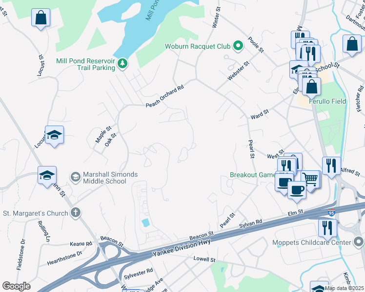 map of restaurants, bars, coffee shops, grocery stores, and more near 47 Arborwood Drive in Burlington