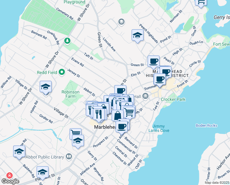 map of restaurants, bars, coffee shops, grocery stores, and more near 7 Evans Road in Marblehead