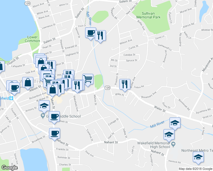 map of restaurants, bars, coffee shops, grocery stores, and more near 15G Water Street in Wakefield