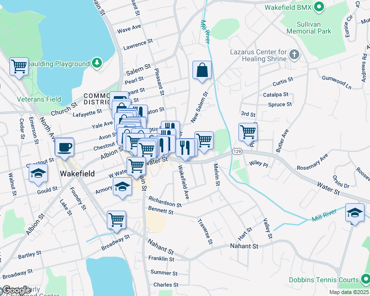 map of restaurants, bars, coffee shops, grocery stores, and more near 1 New Salem Street in Wakefield