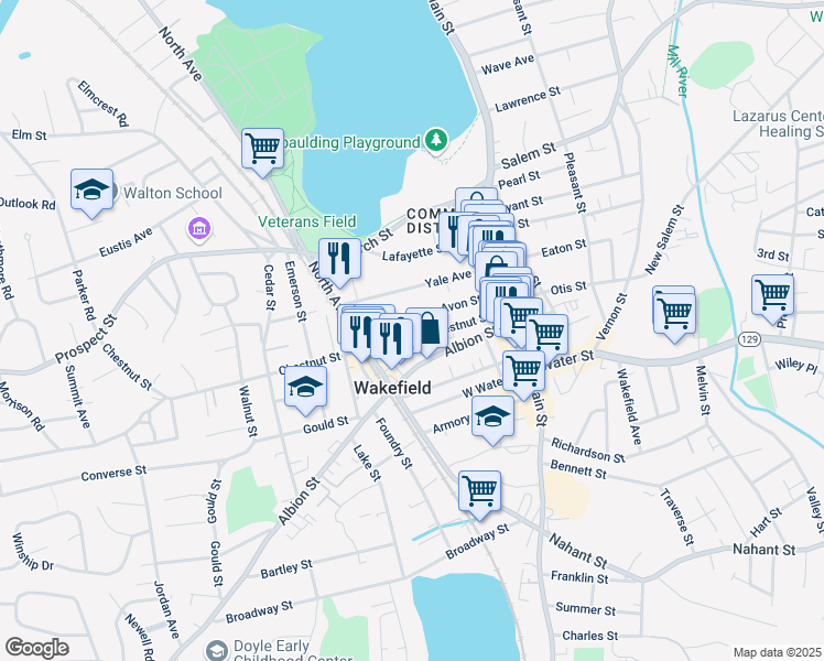 map of restaurants, bars, coffee shops, grocery stores, and more near 33 Avon Street in Wakefield