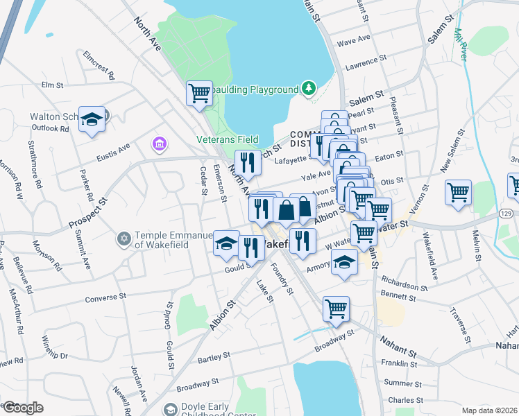 map of restaurants, bars, coffee shops, grocery stores, and more near 45 Avon Street in Wakefield