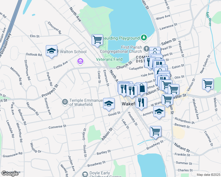 map of restaurants, bars, coffee shops, grocery stores, and more near 11 Avon Court in Wakefield