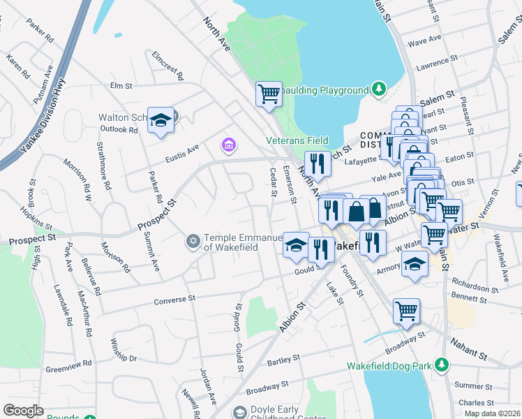 map of restaurants, bars, coffee shops, grocery stores, and more near 3 Hillside Avenue in Wakefield