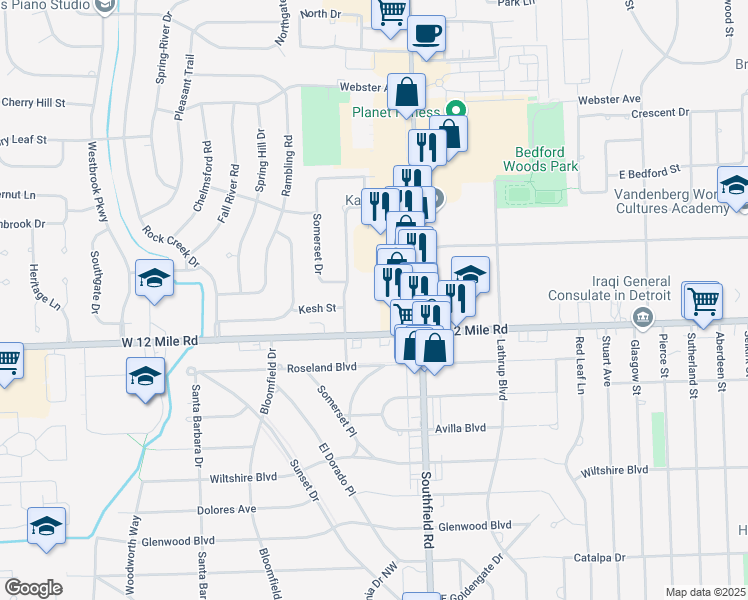 map of restaurants, bars, coffee shops, grocery stores, and more near 18200 West 12 Mile Road in Southfield