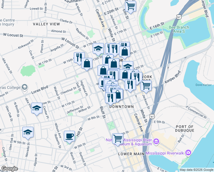 map of restaurants, bars, coffee shops, grocery stores, and more near in Dubuque