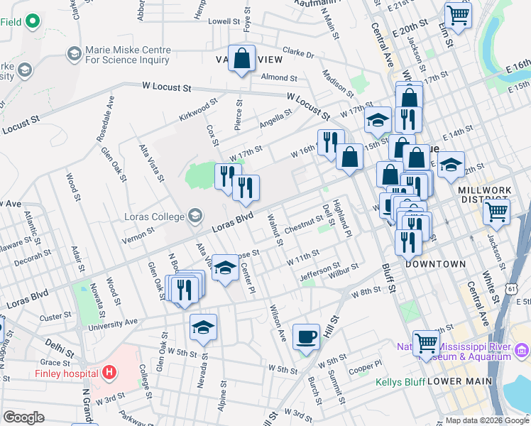 map of restaurants, bars, coffee shops, grocery stores, and more near 661-699 Loras Blvd in Dubuque