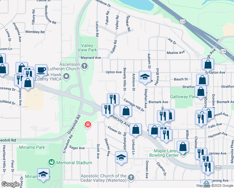 map of restaurants, bars, coffee shops, grocery stores, and more near 1819 Coachman Dr in Waterloo