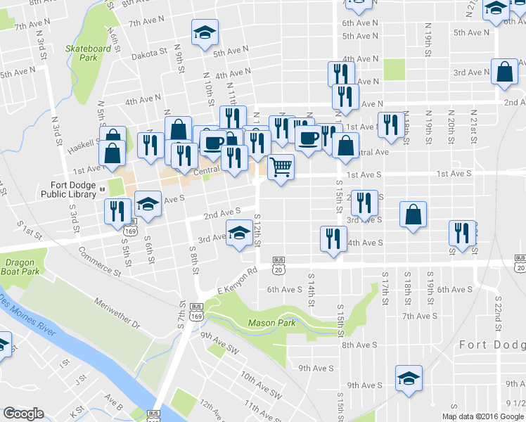 map of restaurants, bars, coffee shops, grocery stores, and more near 201 South 12th Street in Fort Dodge