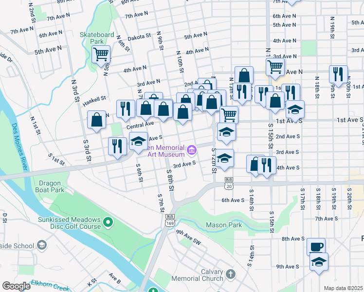 map of restaurants, bars, coffee shops, grocery stores, and more near 923 1st Avenue South in Fort Dodge