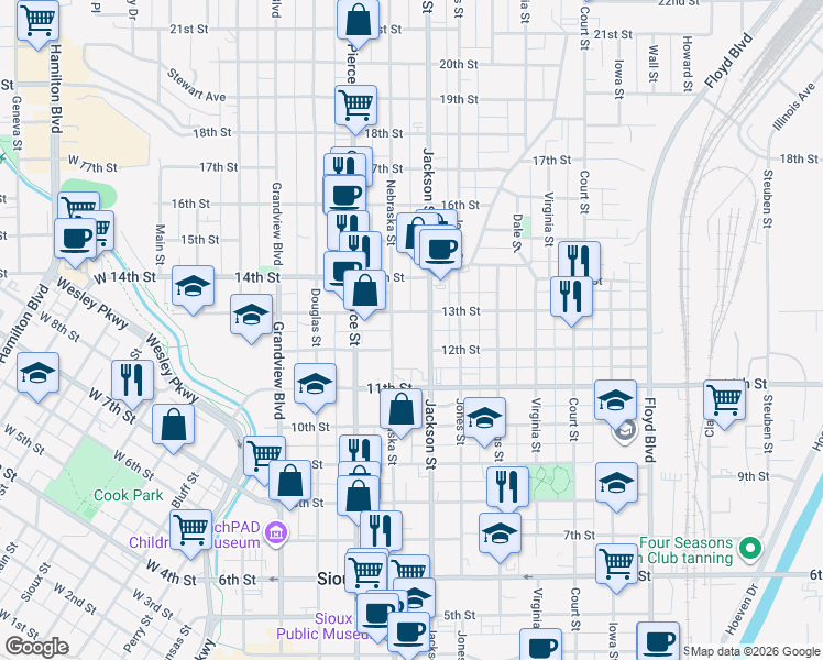 map of restaurants, bars, coffee shops, grocery stores, and more near 613-15 13th Street in Sioux City