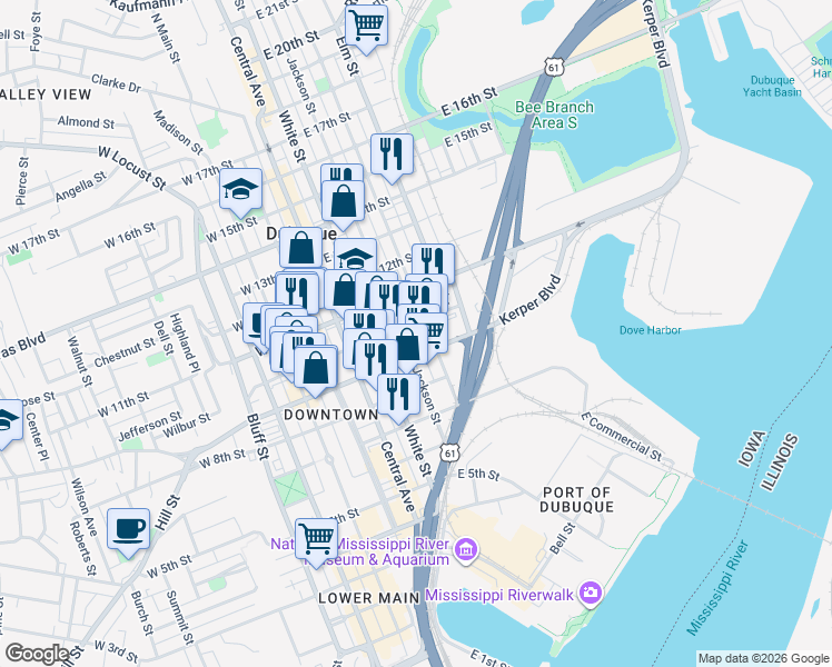 map of restaurants, bars, coffee shops, grocery stores, and more near 331-165 East 10th Street in Dubuque