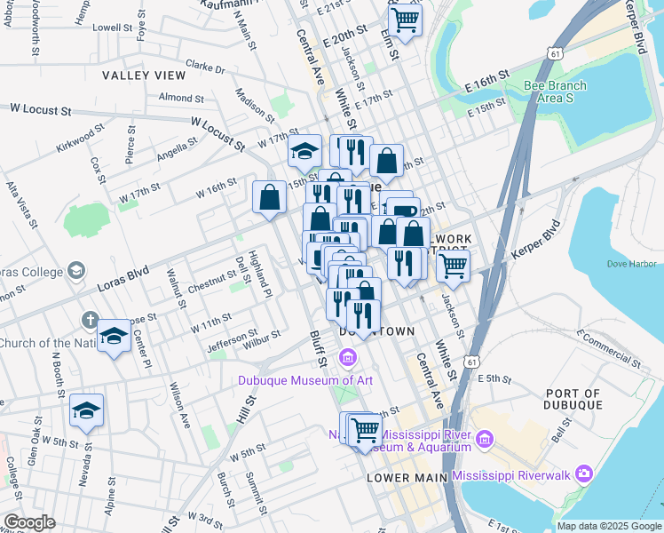 map of restaurants, bars, coffee shops, grocery stores, and more near in Dubuque