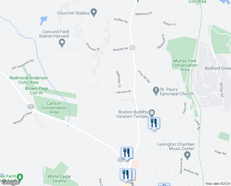 map of restaurants, bars, coffee shops, grocery stores, and more near 4 Harvard Drive in Bedford