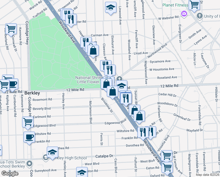map of restaurants, bars, coffee shops, grocery stores, and more near Woodward Ave & W 12 Mile Rd in Royal Oak