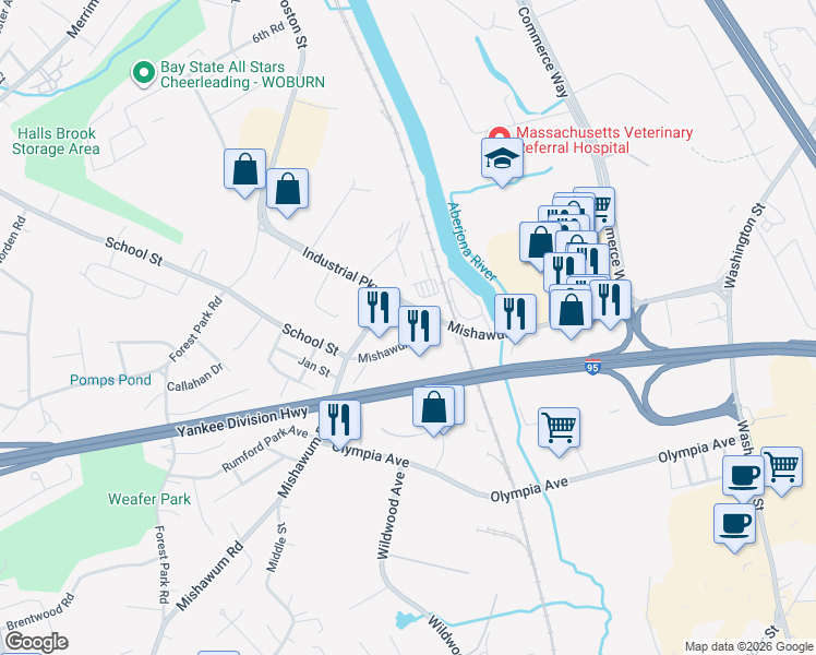 map of restaurants, bars, coffee shops, grocery stores, and more near 240 Mishawum Road in Woburn