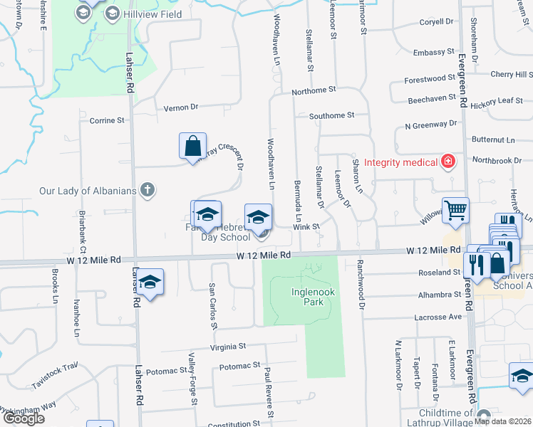map of restaurants, bars, coffee shops, grocery stores, and more near 29385 Woodhaven Lane in Southfield