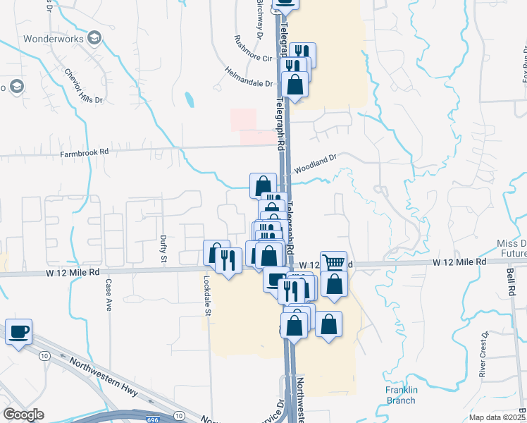 map of restaurants, bars, coffee shops, grocery stores, and more near 29235 Telegraph Road in Southfield