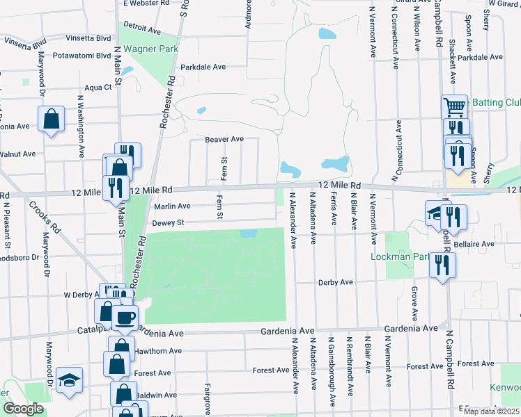 map of restaurants, bars, coffee shops, grocery stores, and more near 711 Marlin Avenue in Royal Oak