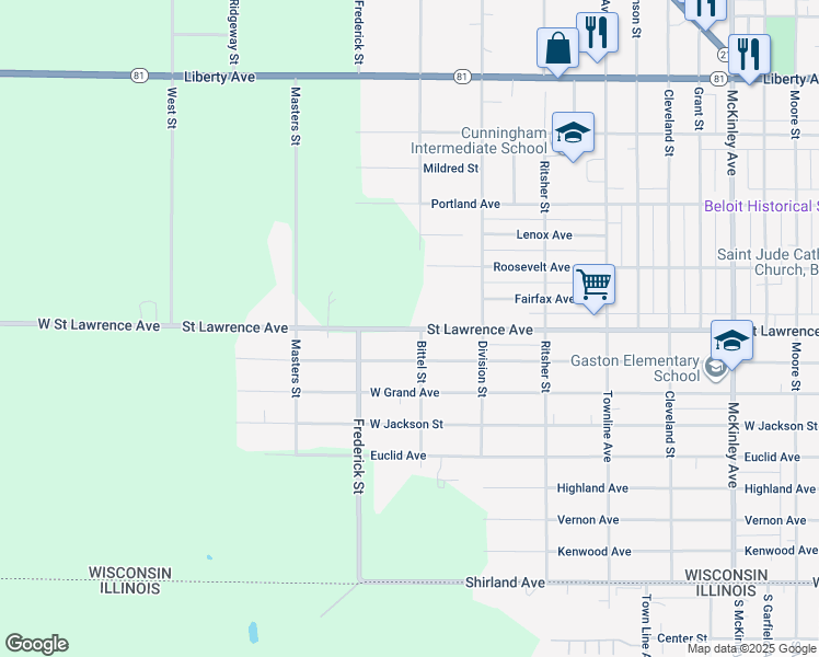 map of restaurants, bars, coffee shops, grocery stores, and more near 2149 Saint Lawrence Avenue in Beloit