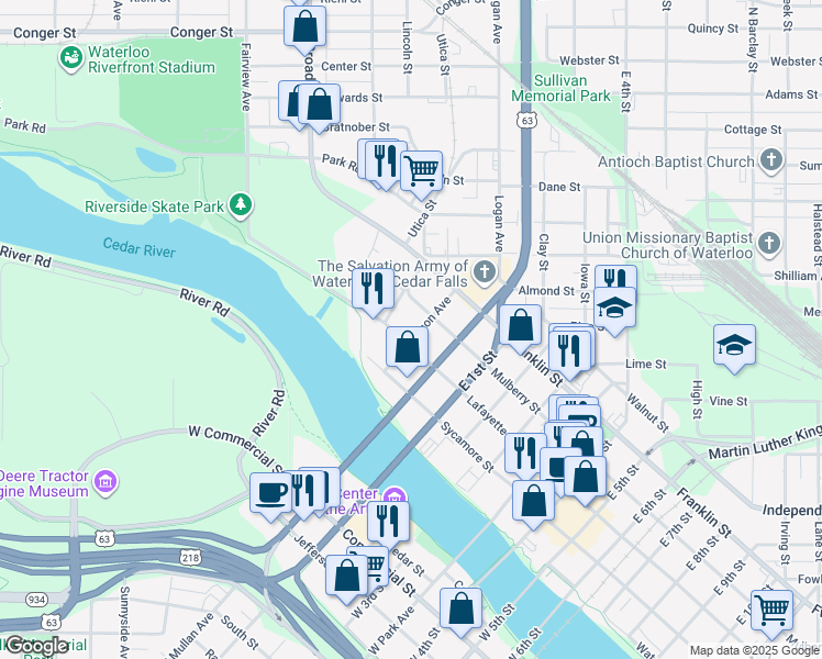 map of restaurants, bars, coffee shops, grocery stores, and more near 311 Thompson Ave in Waterloo