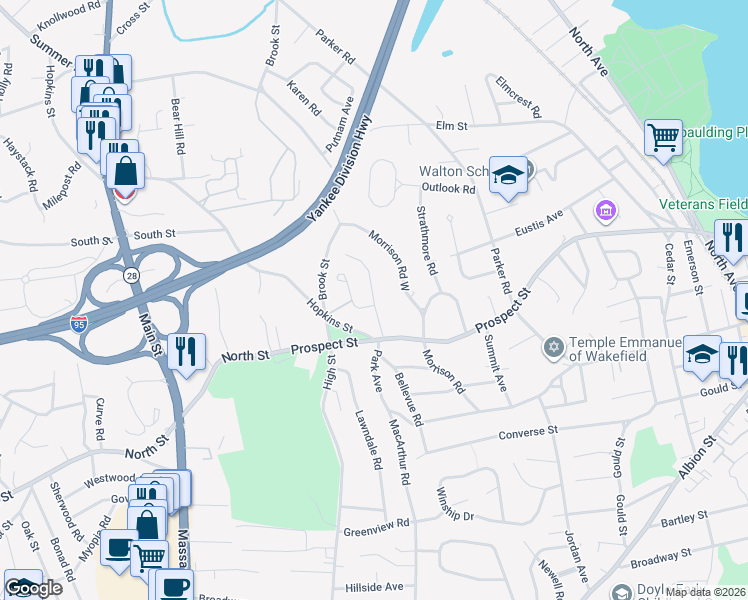 map of restaurants, bars, coffee shops, grocery stores, and more near 23 Vale View Road in Wakefield
