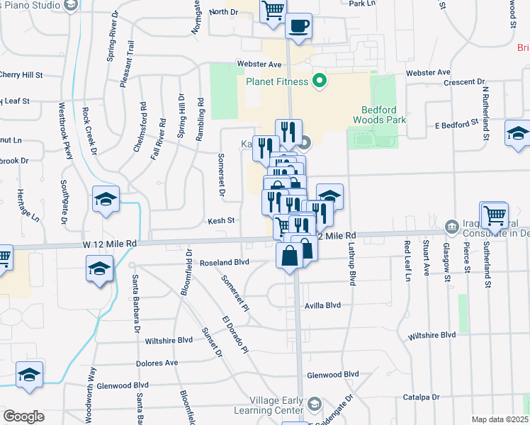 map of restaurants, bars, coffee shops, grocery stores, and more near 18200 West 12 Mile Road in Southfield