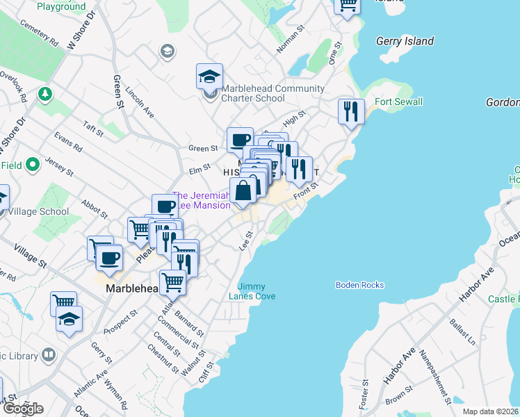 map of restaurants, bars, coffee shops, grocery stores, and more near 18 Darling Street in Marblehead