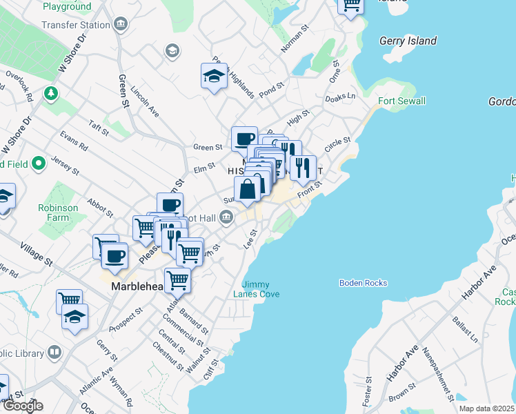 map of restaurants, bars, coffee shops, grocery stores, and more near 156 Washington Street in Marblehead