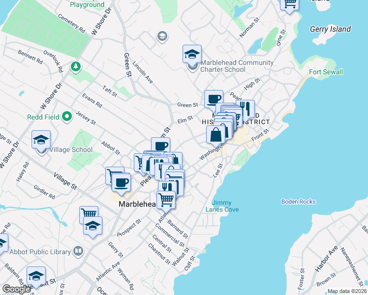 map of restaurants, bars, coffee shops, grocery stores, and more near 65R Pleasant Street in Marblehead