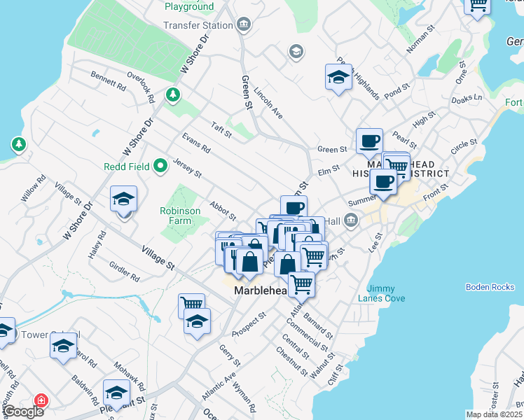 map of restaurants, bars, coffee shops, grocery stores, and more near 19 Jersey Street in Marblehead