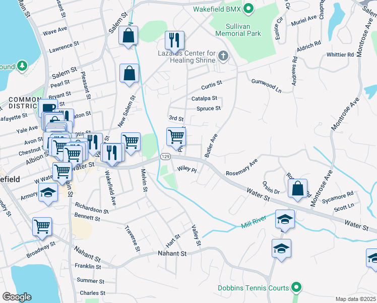 map of restaurants, bars, coffee shops, grocery stores, and more near 94 Preston Street in Wakefield