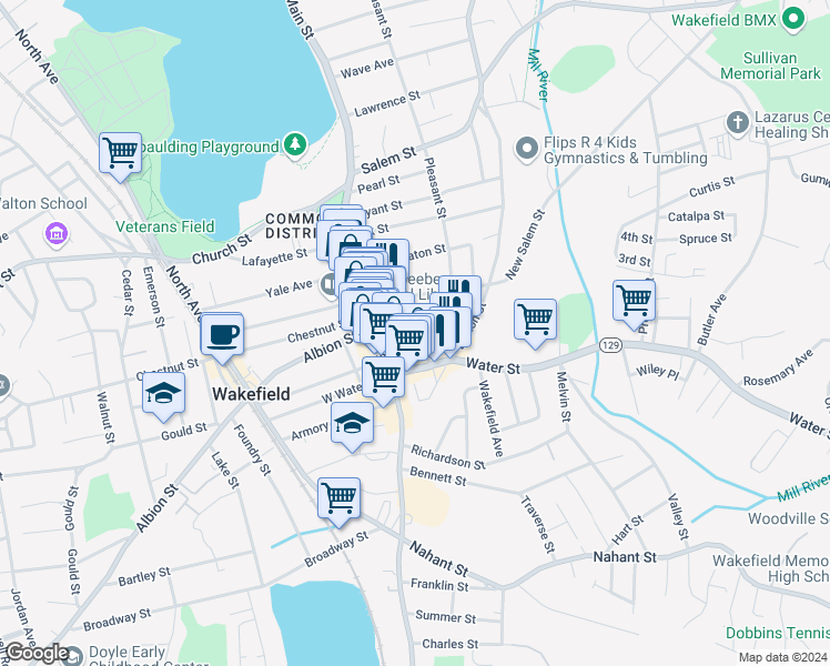 map of restaurants, bars, coffee shops, grocery stores, and more near 36 Crescent Street in Wakefield