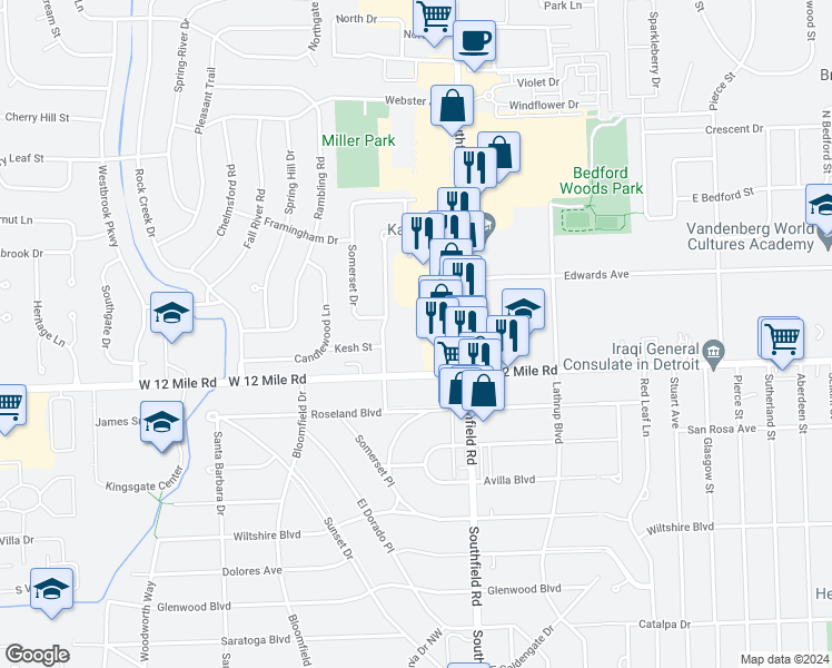 map of restaurants, bars, coffee shops, grocery stores, and more near 18200 West 12 Mile Road in Southfield