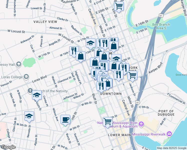 map of restaurants, bars, coffee shops, grocery stores, and more near in Dubuque