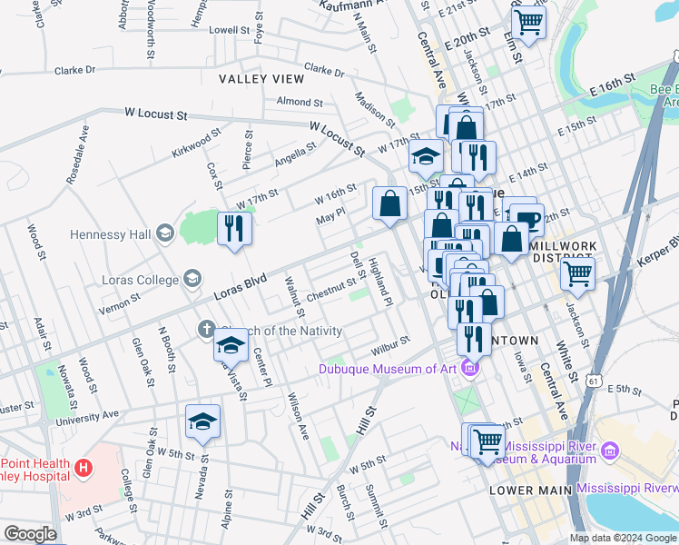 map of restaurants, bars, coffee shops, grocery stores, and more near 1335 Dell Street in Dubuque