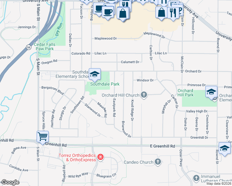 map of restaurants, bars, coffee shops, grocery stores, and more near 3727 Briarwood Drive in Cedar Falls
