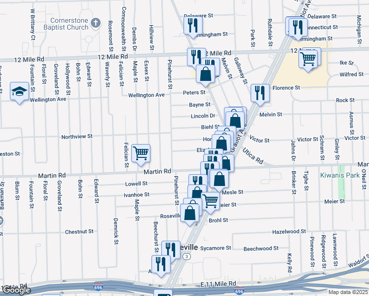 map of restaurants, bars, coffee shops, grocery stores, and more near 17871 Elizabeth Street in Roseville
