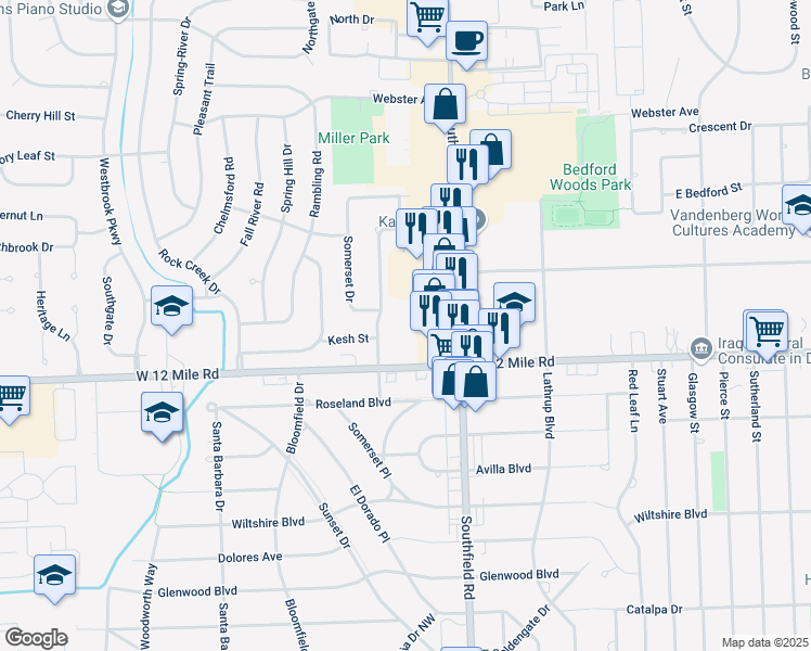 map of restaurants, bars, coffee shops, grocery stores, and more near 18248 West 12 Mile Road in Southfield