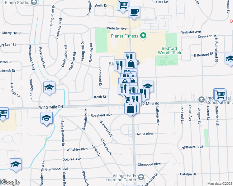 map of restaurants, bars, coffee shops, grocery stores, and more near 18248 West 12 Mile Road in Southfield