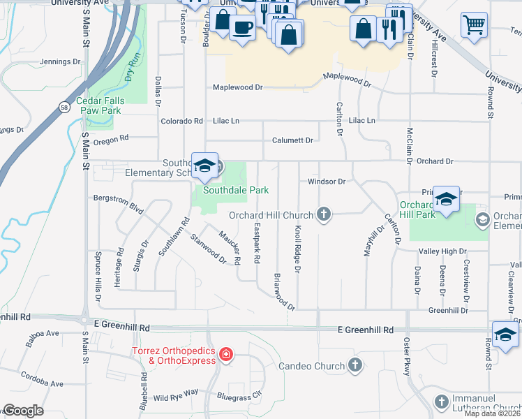 map of restaurants, bars, coffee shops, grocery stores, and more near 3727 Briarwood Drive in Cedar Falls