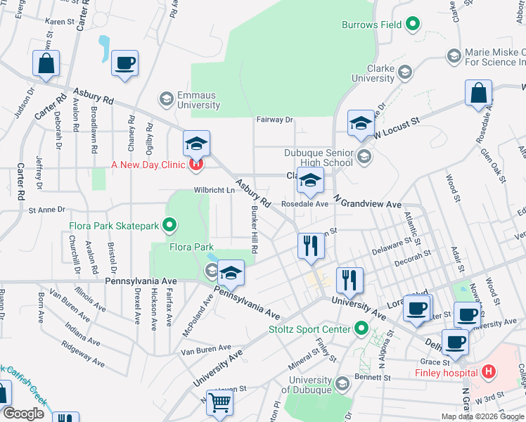 map of restaurants, bars, coffee shops, grocery stores, and more near 1945 Asbury Rd in Dubuque