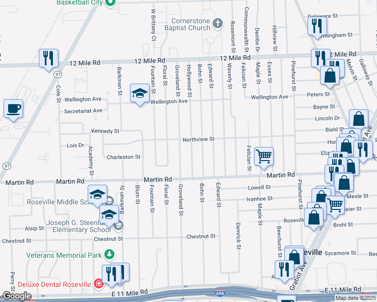 map of restaurants, bars, coffee shops, grocery stores, and more near 28211 Hollywood Street in Roseville