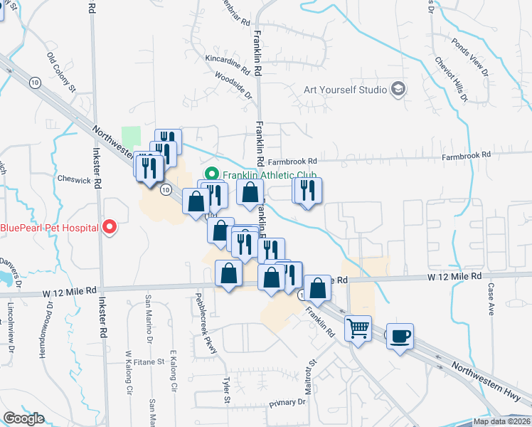 map of restaurants, bars, coffee shops, grocery stores, and more near 29420 Franklin Road in Southfield