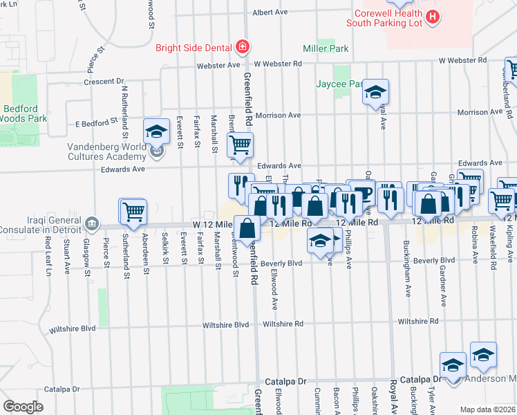 map of restaurants, bars, coffee shops, grocery stores, and more near 3524 Ellwood Avenue in Berkley
