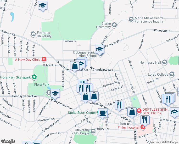 map of restaurants, bars, coffee shops, grocery stores, and more near 2005 Rosedale Avenue in Dubuque