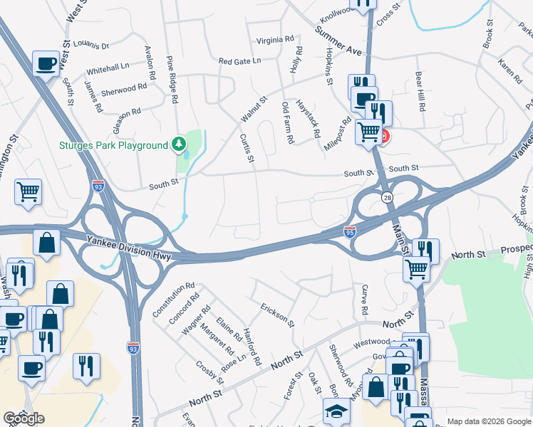 map of restaurants, bars, coffee shops, grocery stores, and more near 80 Curtis Street in Reading